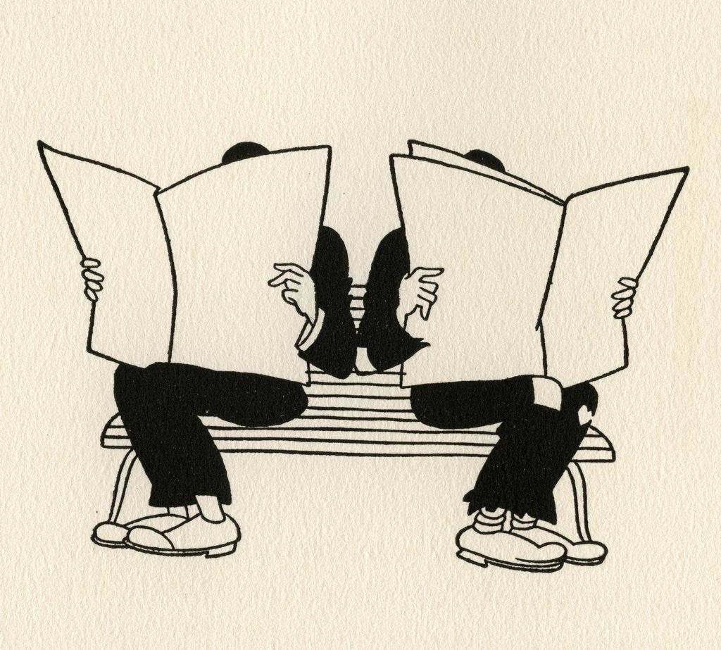 Detail of Illustration of Two Men Reading Newspapers on Park Bench by Boris Artzybasheff