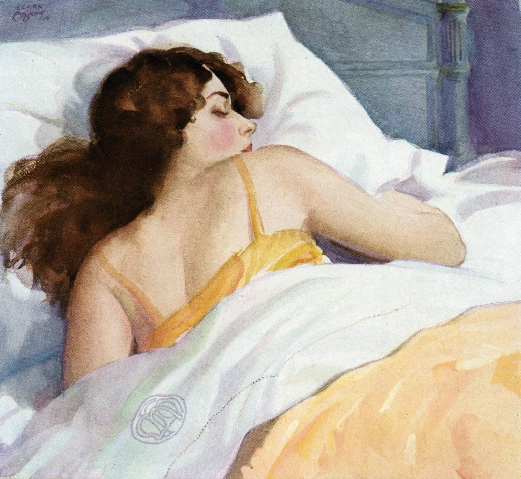 Detail of Illustration of Woman Sleeping on White Sheets by Corbis