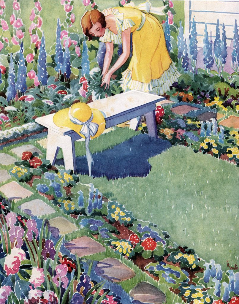 Detail of Illustration of Woman Gardening in Backyard by Anonymous
