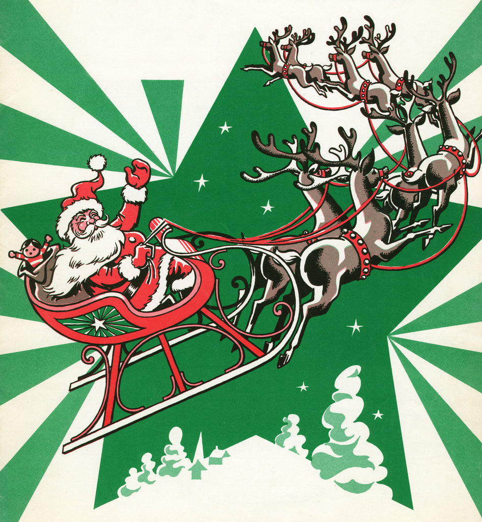 Detail of Illustration of Santa's Sled Pulled by Reindeer