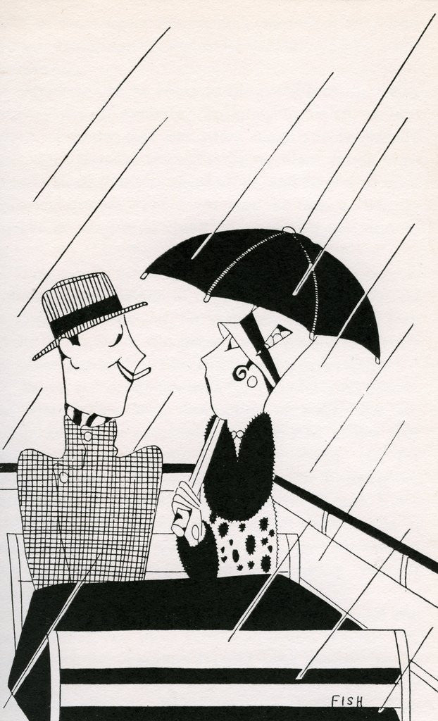 Detail of Illustration of Couple on Rainy Roof of Double-Decker Bus by Anne Harriet Fish