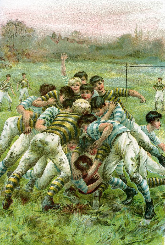 Detail of Illustration of Boys in Rugby Scrimmage by Anonymous