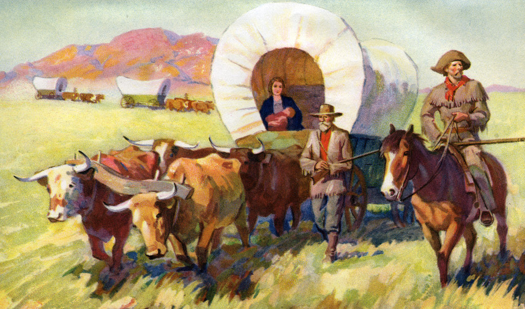 Detail of Illustration of Wagon Train of American Settlers Moving Across Western Plains by Anonymous