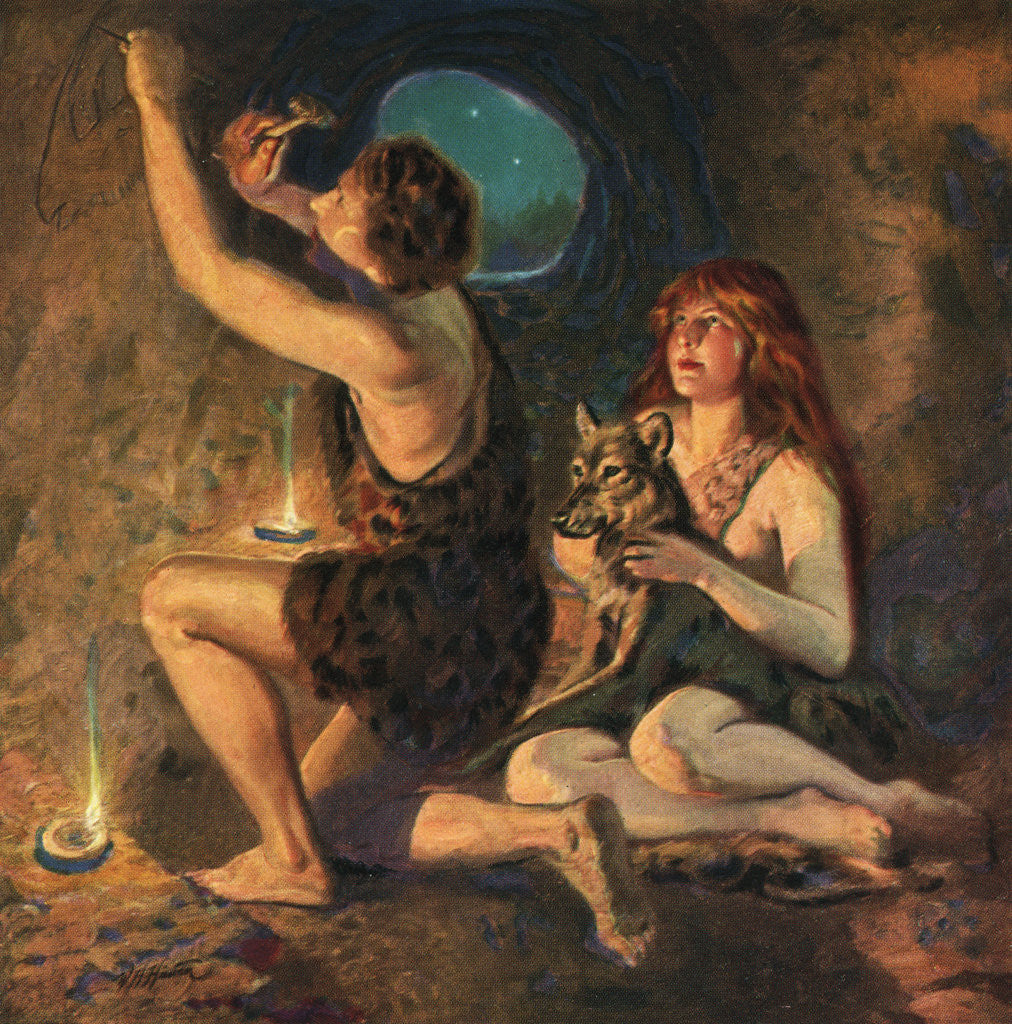 Detail of Illustration of Caveman Chiselling in Cave Wall by Walter Haskell Hinton