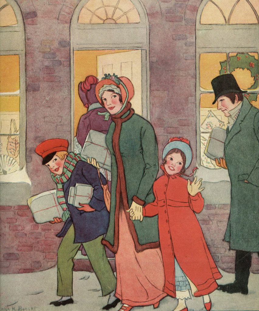 Detail of Illustration by Victorian-Era Family Carrying Packages by Corbis