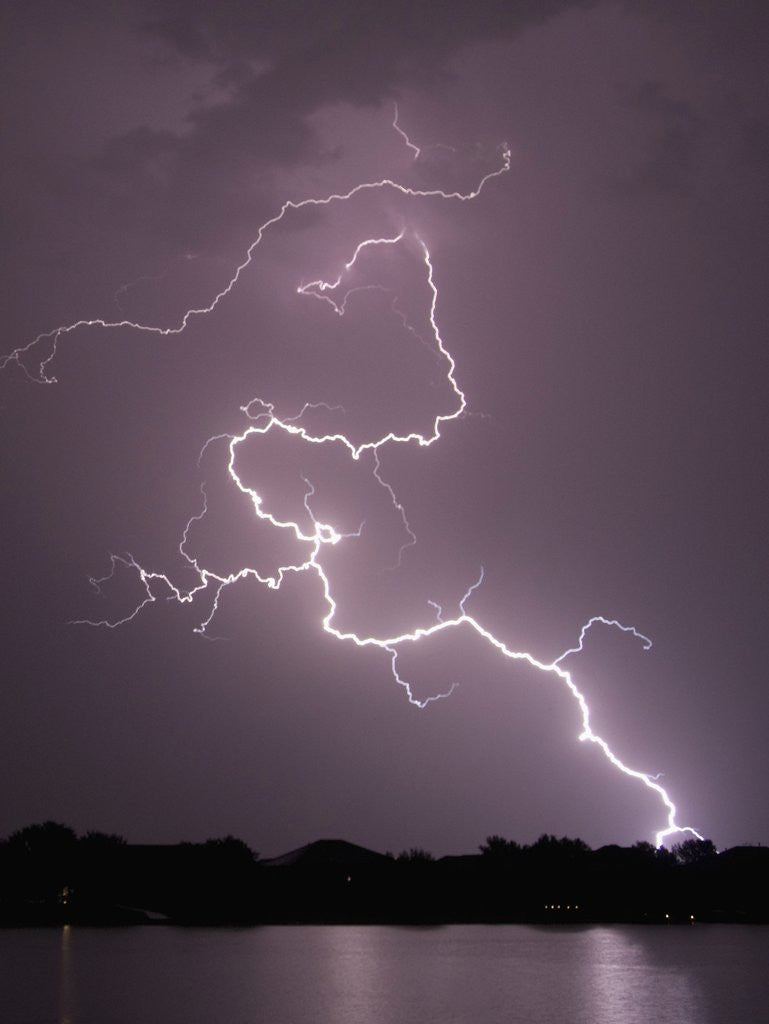 Detail of Lightning Striking Ground Near Residential Lake by Anonymous