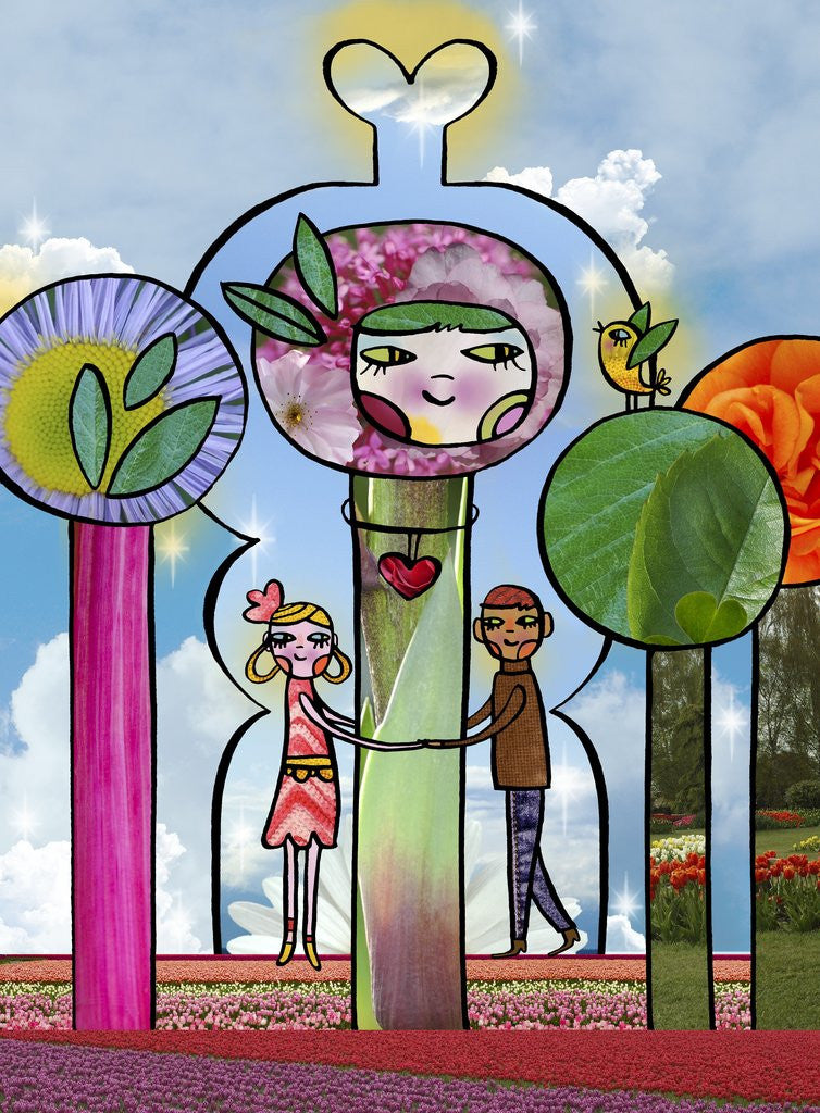 Detail of Couple hugging large flower by Anonymous