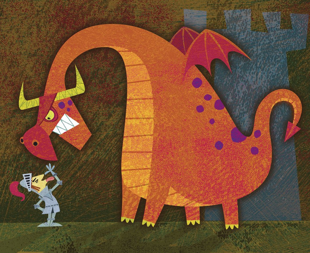 Detail of Knight Mocking Large Dragon by Corbis