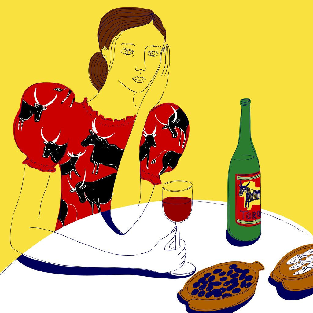Detail of Woman Sitting at a Table with a Bottle of Wine by Anonymous