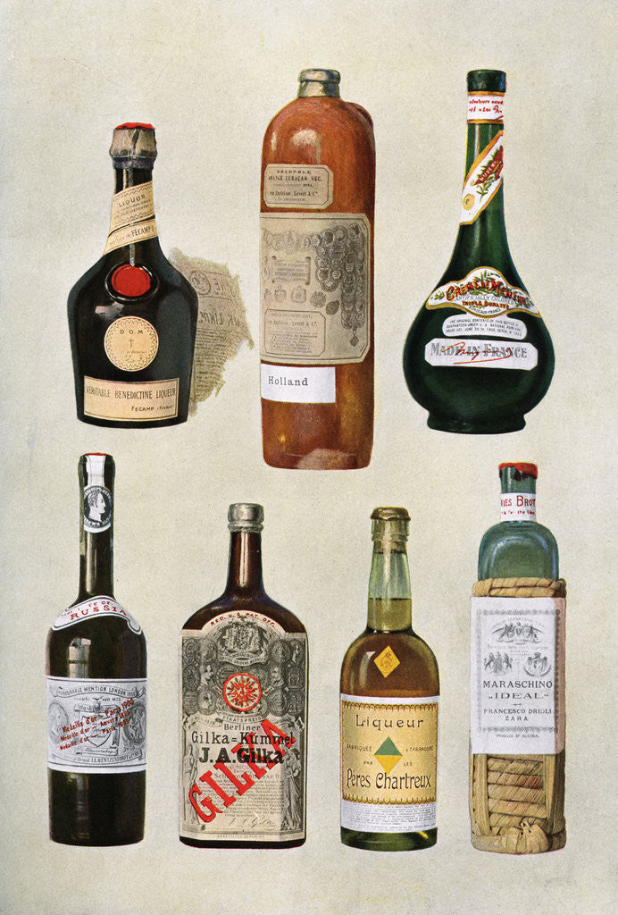 Detail of Illustration of bottles of liqueurs by Corbis