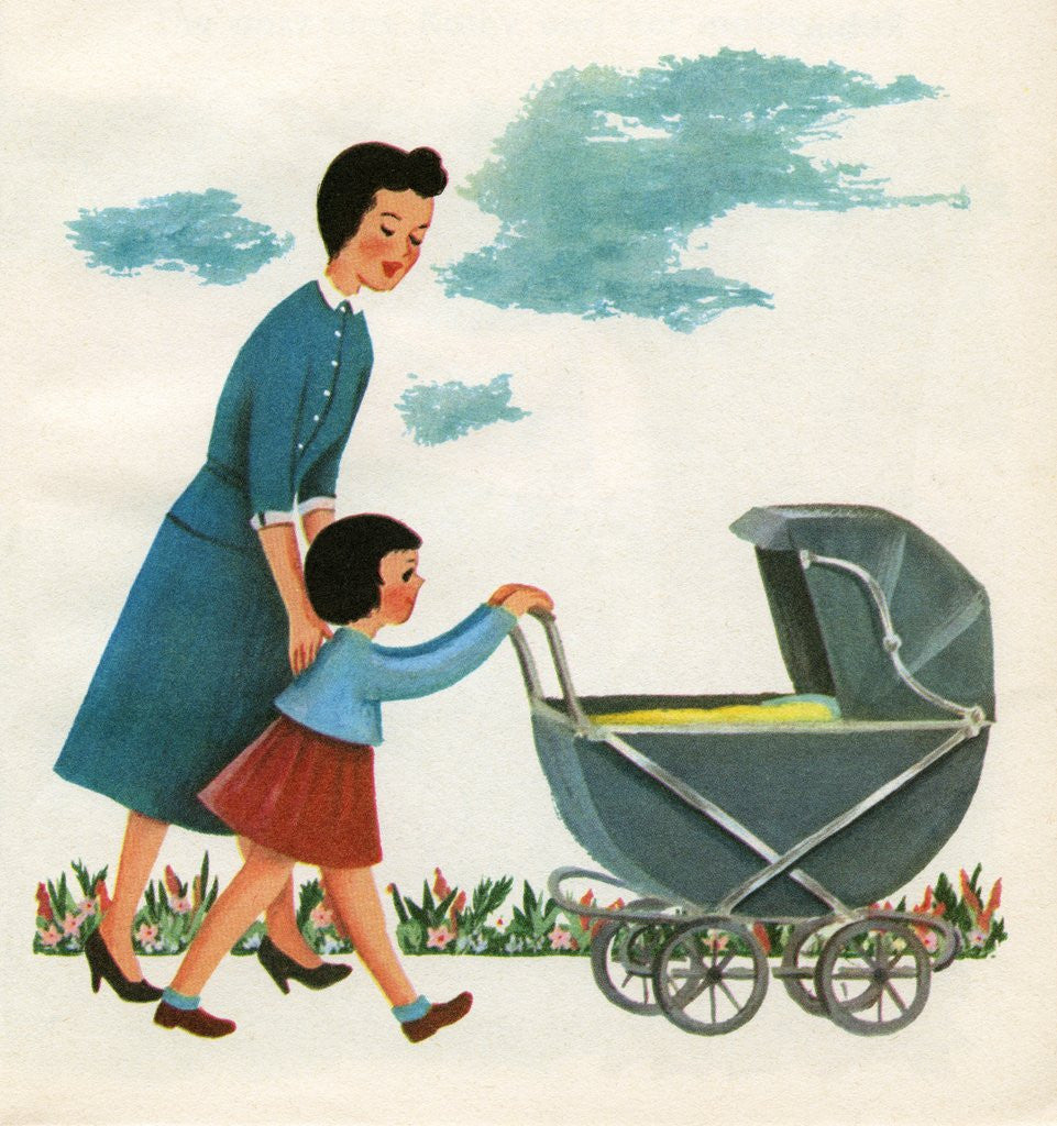 Detail of Illustration of girl pushing baby carriage by Corbis
