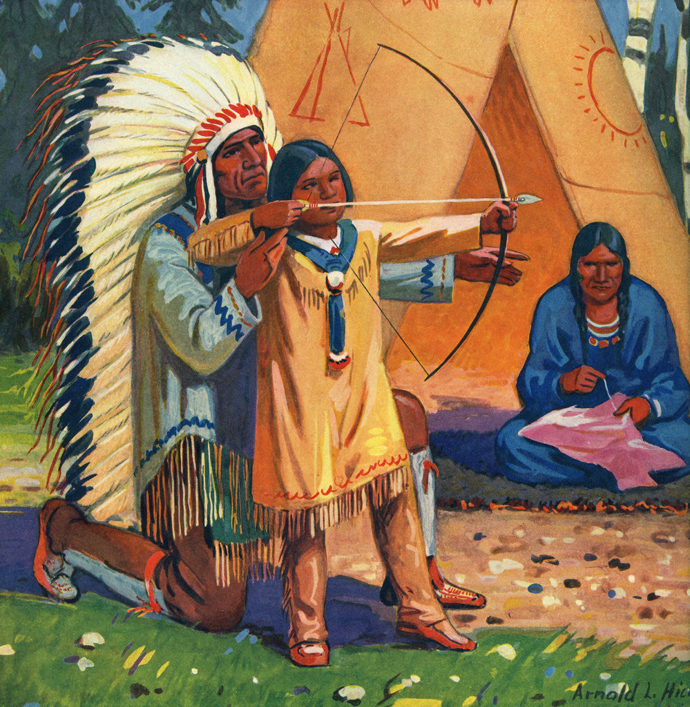 Detail of Illustration of Native American man teaching son to use bow and arrow by Arnold Lorne Hicks