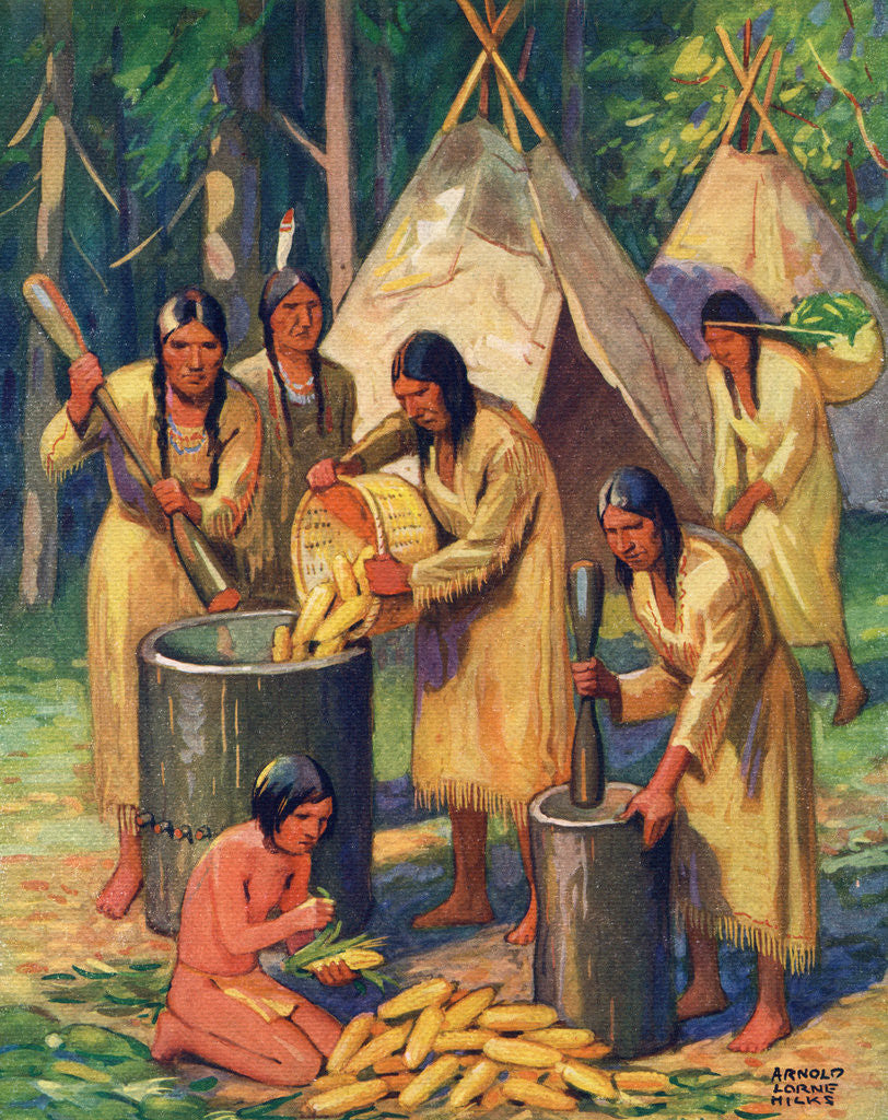 Detail of Illustration of Native Americans preparing corn by Arnold Lorne Hicks