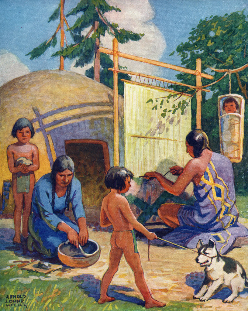 Detail of Illustration of Native Americans weaving and making pottery by Arnold Lorne Hicks