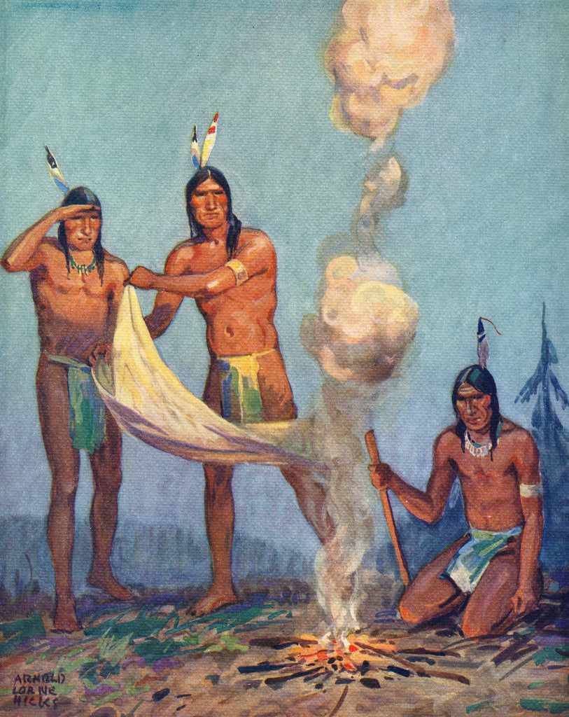 Detail of Illustration of Native Americans sending smoke signals by Arnold Lorne Hicks