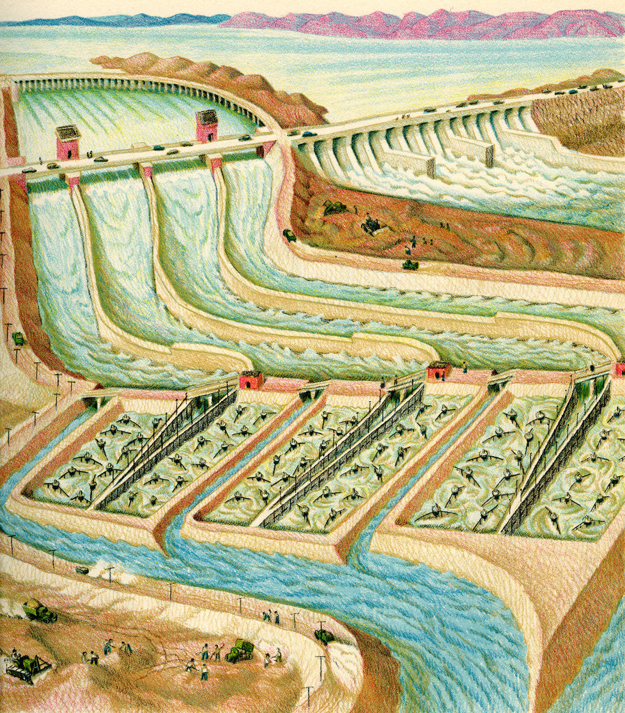 Detail of Illustration of Dam on Colorado River in California by C.H. DeWitt