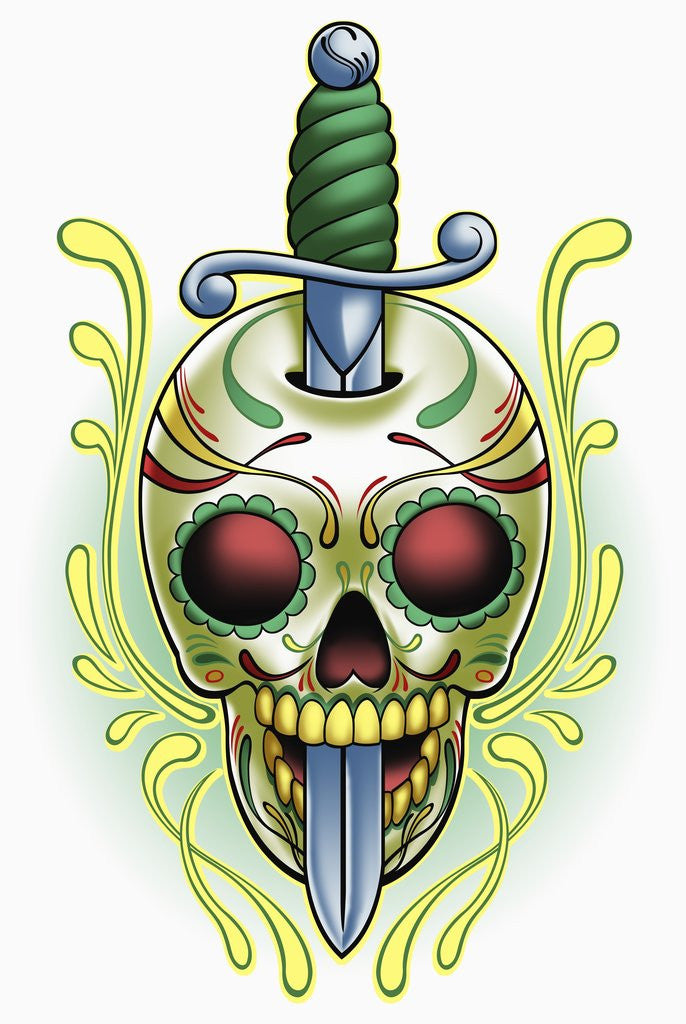 Detail of Day of the Dead skull with dagger by Corbis
