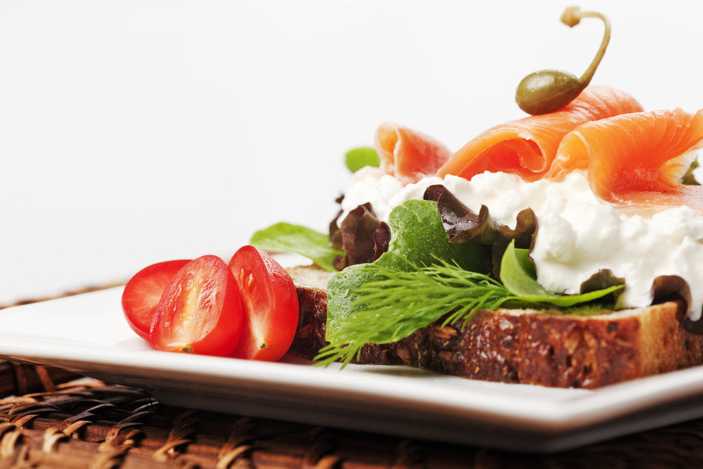 Detail of Open faced salmon and cottage cheese sandwich by Anonymous