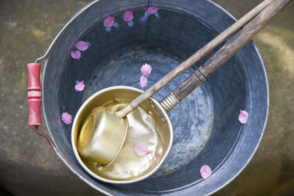 Detail of Ladling peach blossoms from a water pail by Anonymous