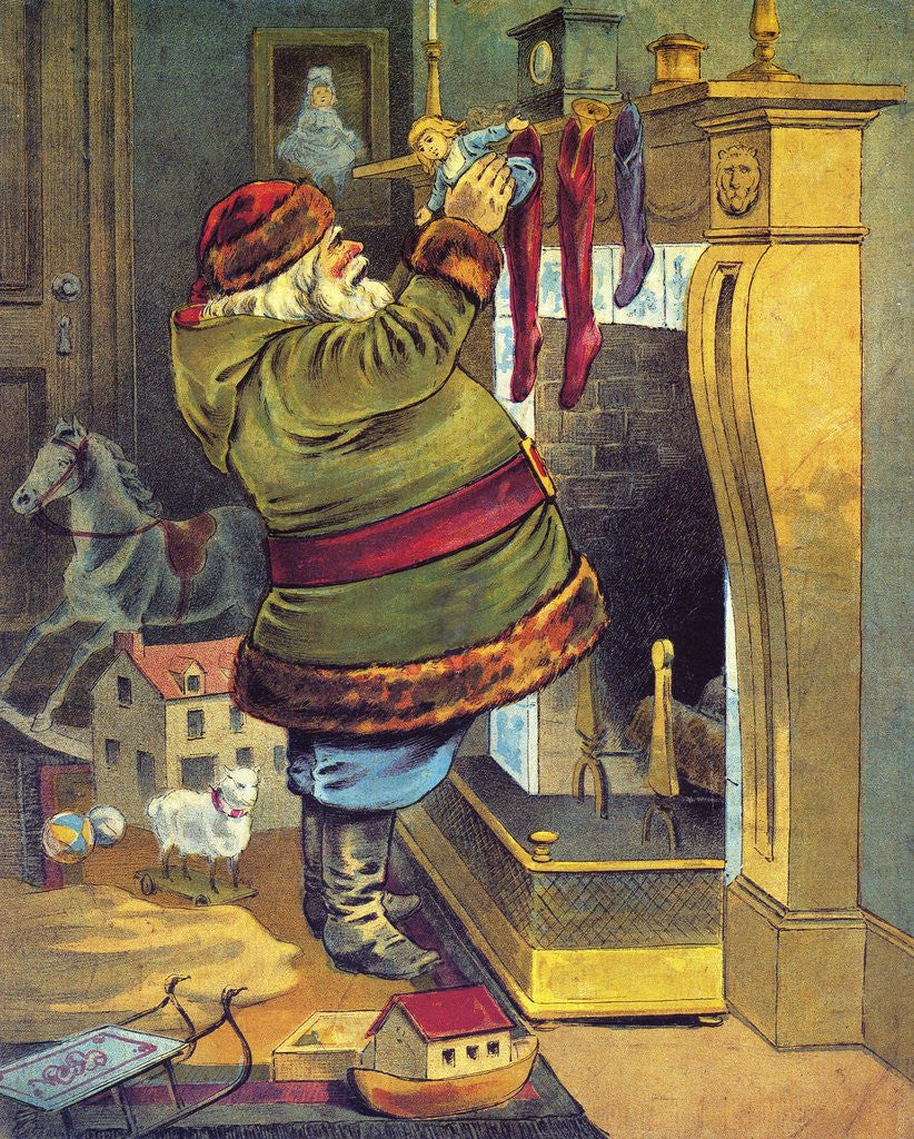 Detail of Illustration of Santa Claus placing toys in Christmas stockings by William Roger Snow