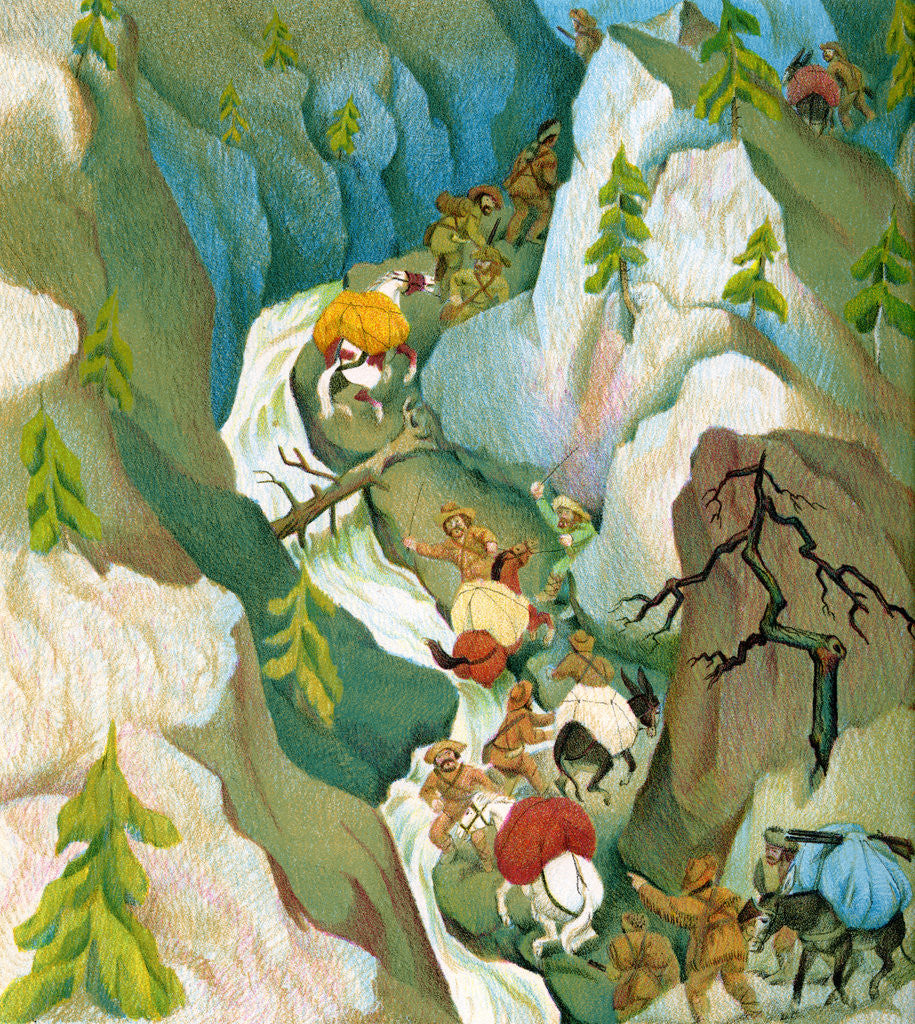 Detail of Illustration of Yankee trappers traveling through the Sierra Nevadas by C.H. DeWitt