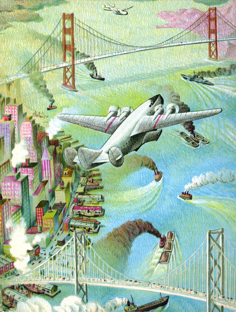 Detail of Illustration of airplane flying over San Francisco Bay by C.H. DeWitt