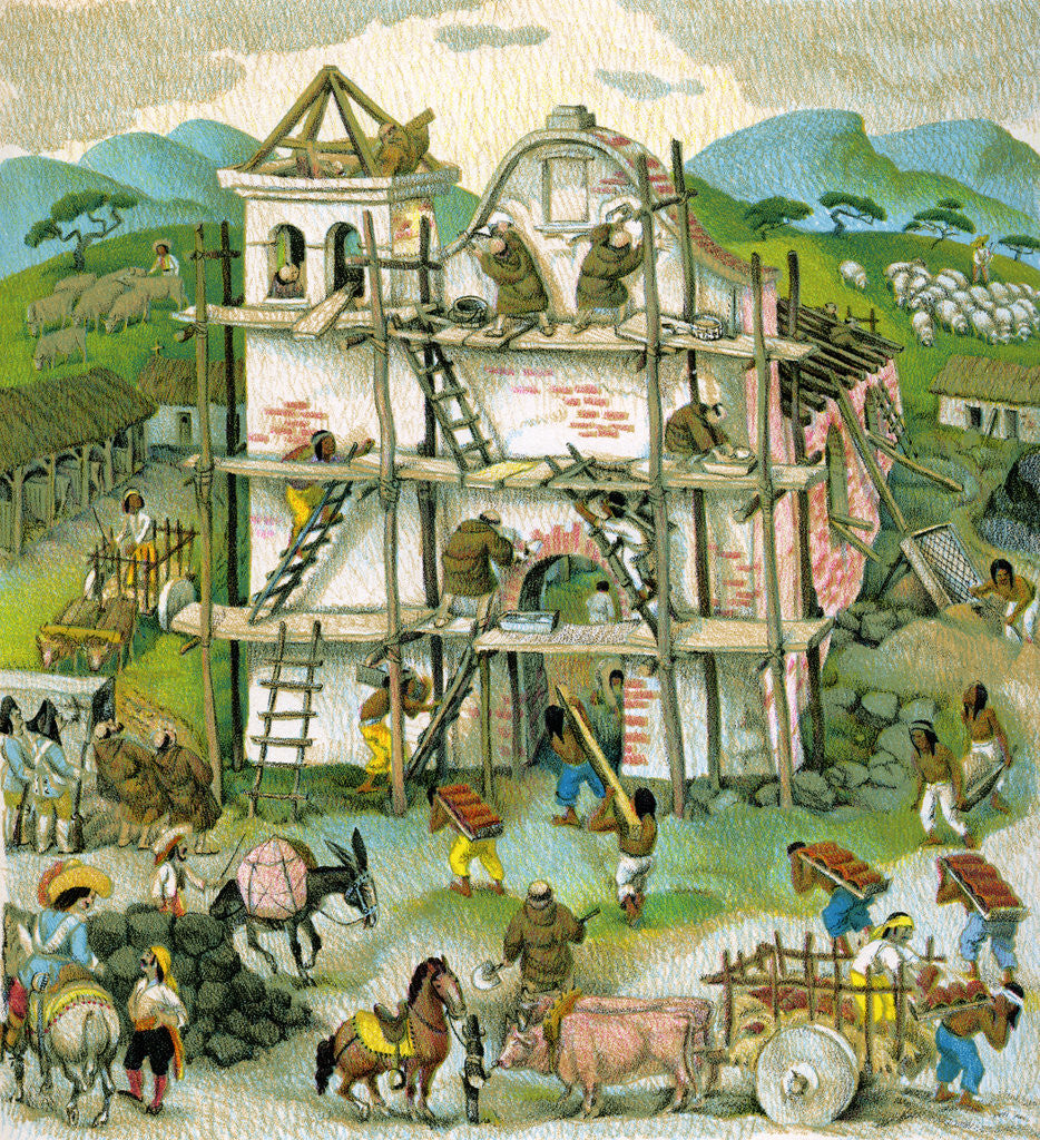 Detail of Illustration of building of first Spanish mission in California by C.H. DeWitt