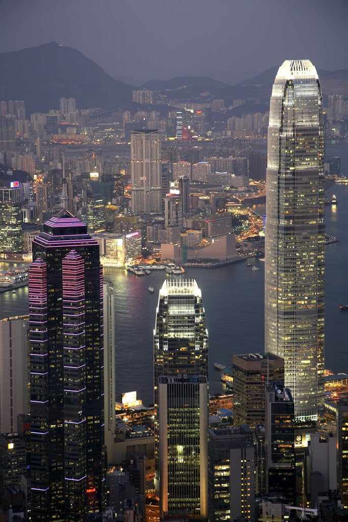 Detail of Hong Kong skyline and Victoria Harbor at night by Corbis