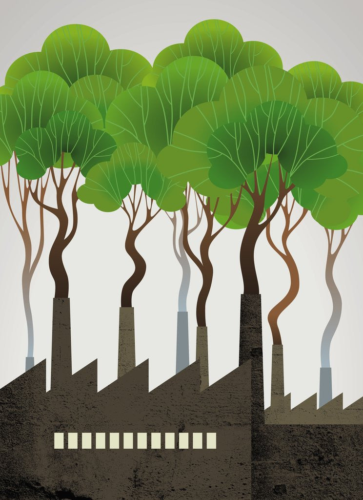 Detail of Trees rising from smokestacks by Corbis