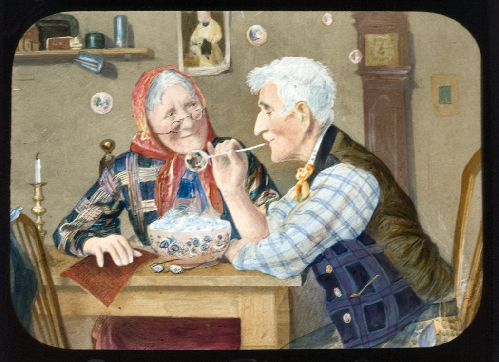 Detail of Victorian magic lantern slide of elderly couple blowing bubbles by Anonymous