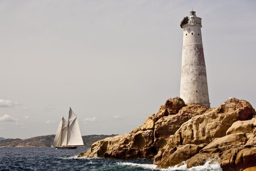 Detail of Shenandoah of Sark Schooner Sails Past Sardinia's Monaci Lighthouse on Costa Smeralda by Corbis