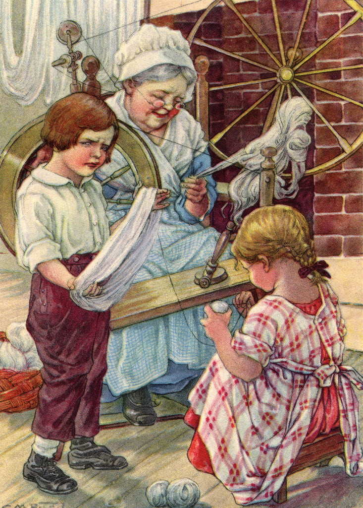 Detail of Illustration of children helping grandmother spin wool by Clara M. Burd