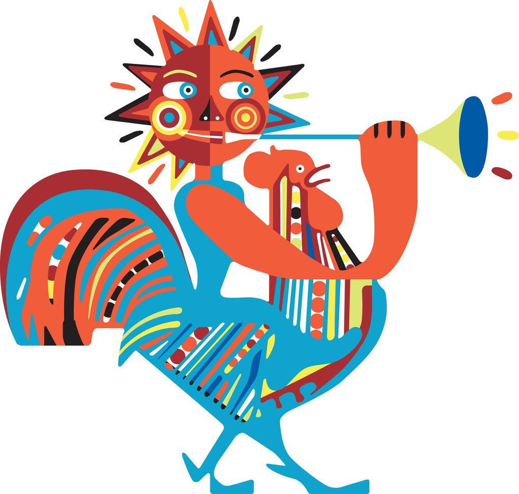 Detail of Sun riding chicken and playing horn by Anonymous