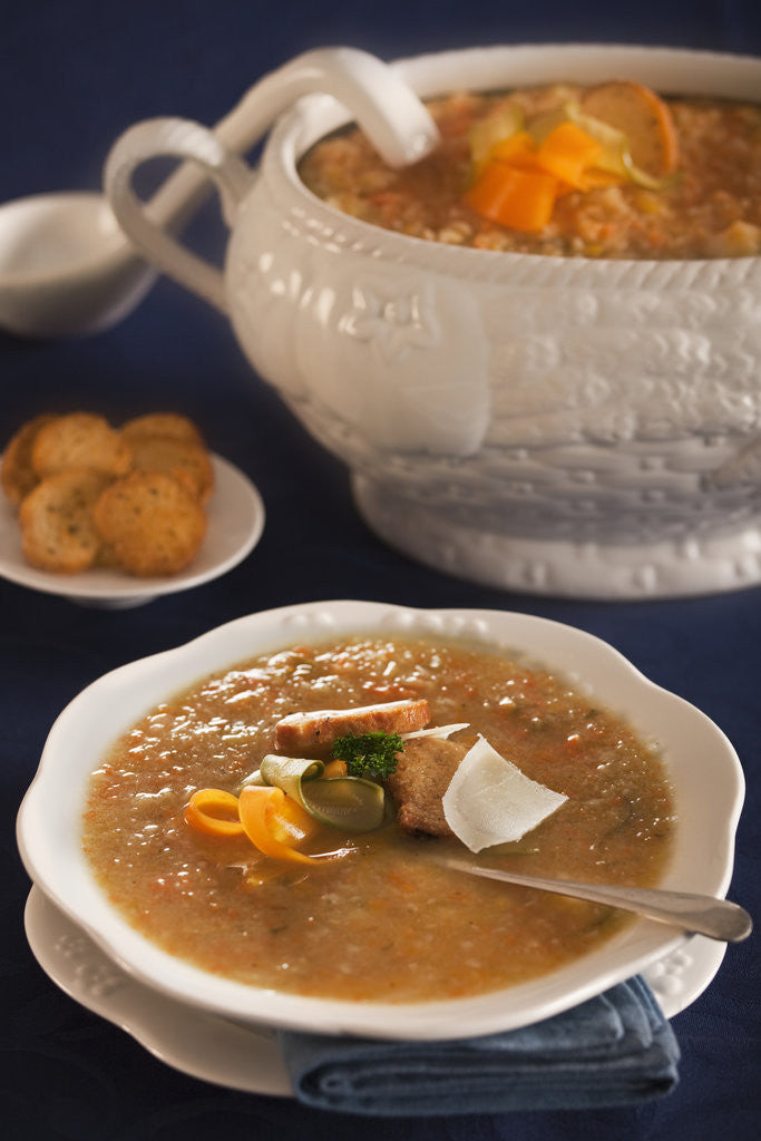 Detail of Vegetable soup in tureen by Anonymous