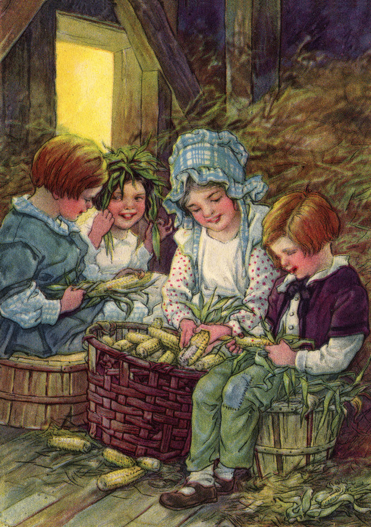 Detail of Illustration of children shucking corn by Clara M. Burd