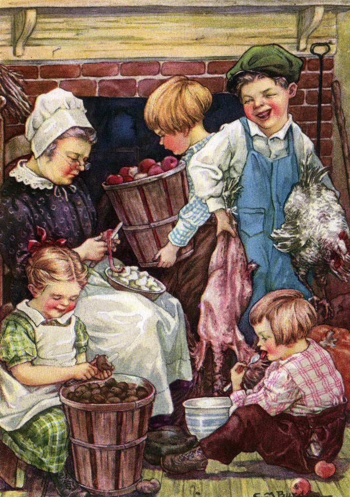 Detail of Illustration of children helping with chores by Clara M. Burd