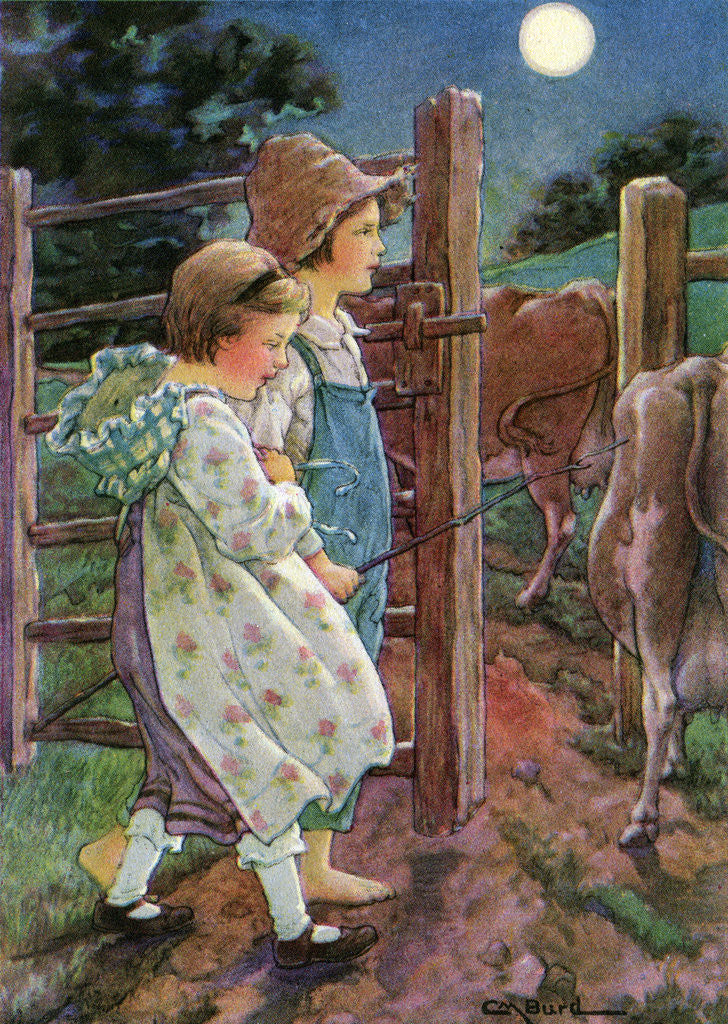 Detail of Illustration of children tending cows by Clara M. Burd