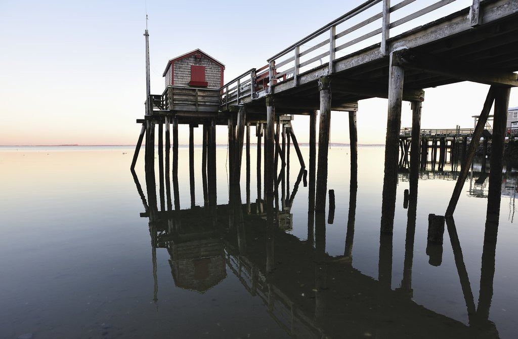 Detail of Fishing pier at low tide in a calm bay by Anonymous