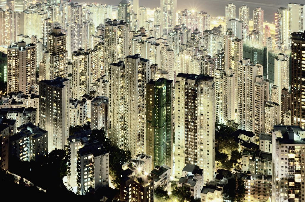 Detail of Hong Kong skyscrapers and apartment blocks at night by Anonymous