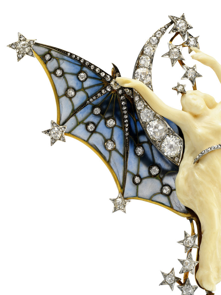 Detail of Detail of Art Nouveau diamond, ivory and plique-a-jour enamel Belle du Nuit brooch by Anonymous