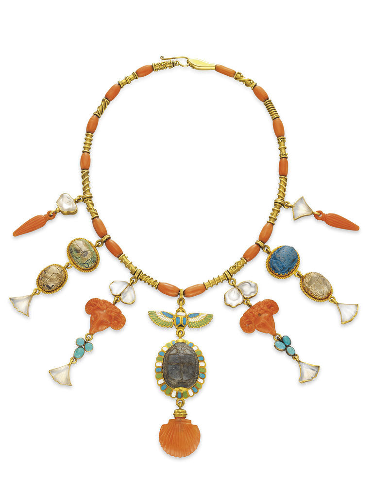 Detail of Egyptian Revival coral, multi-gem and gold necklace by Anonymous
