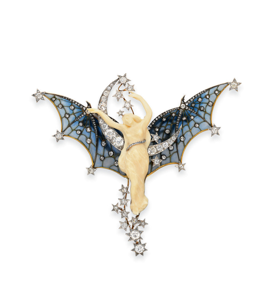 Detail of Art Nouveau diamond, ivory and plique-a-jour enamel Belle du Nuit brooch by Anonymous