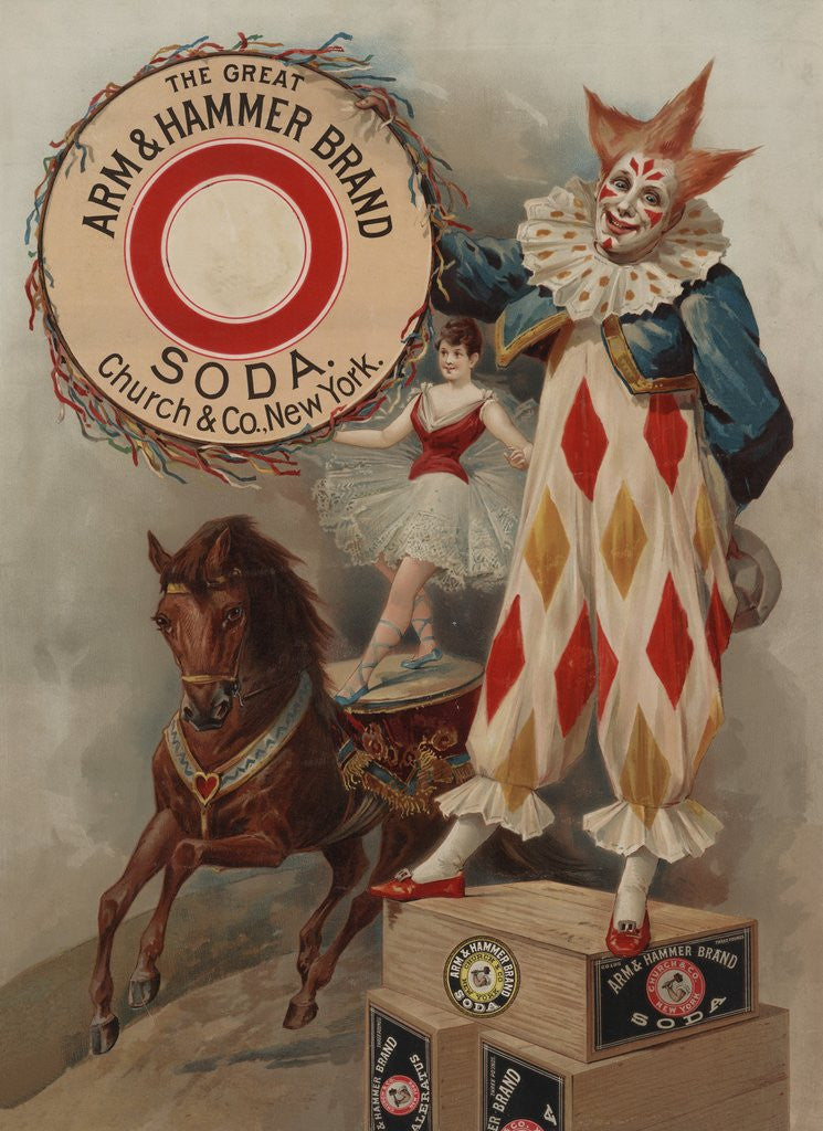 Detail of Arm & Hammer advertisement with circus performers by Anonymous