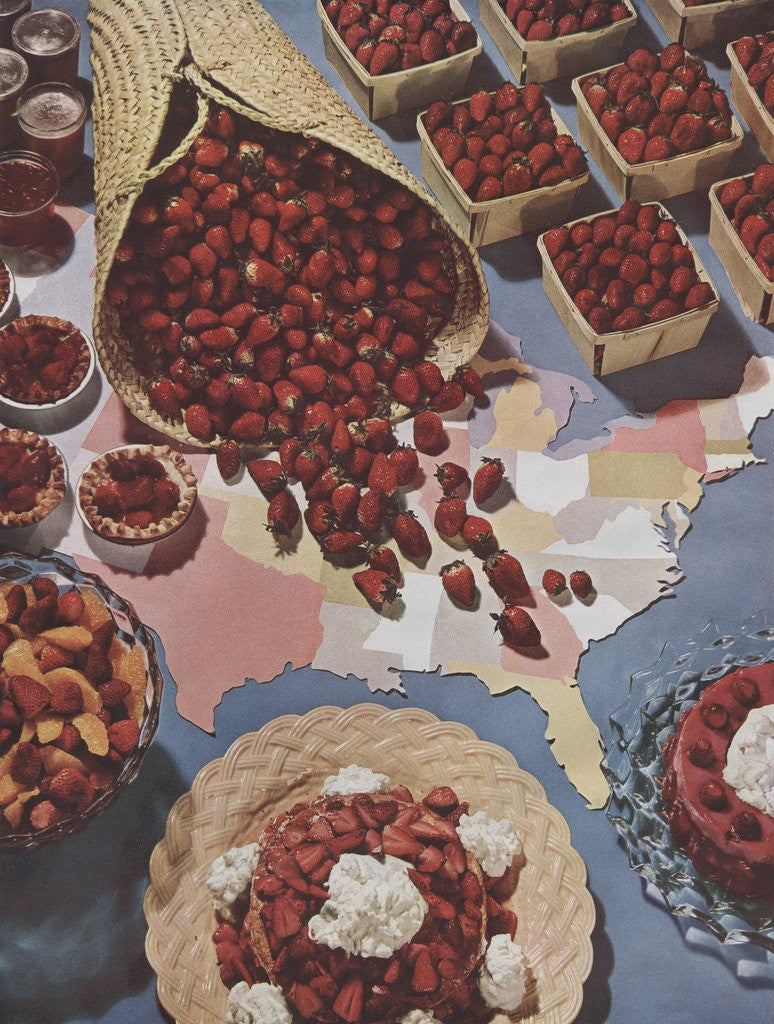 Detail of Strawberries and United States map by Anonymous