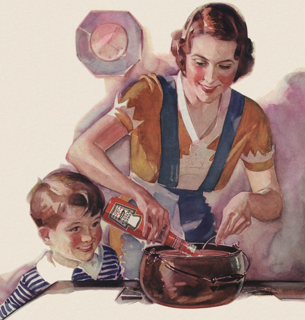 Detail of Boy watching mother cook with ketchup by Anonymous