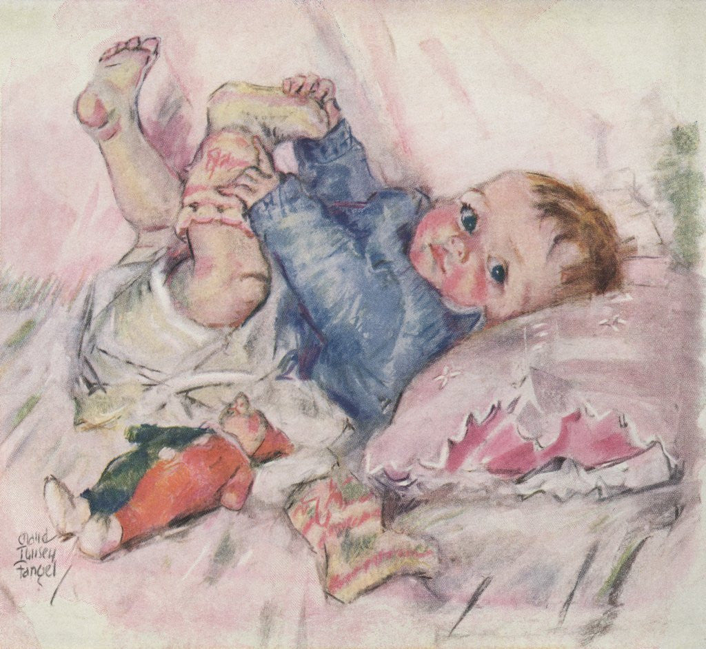 Detail of Baby in crib with toys by Anonymous