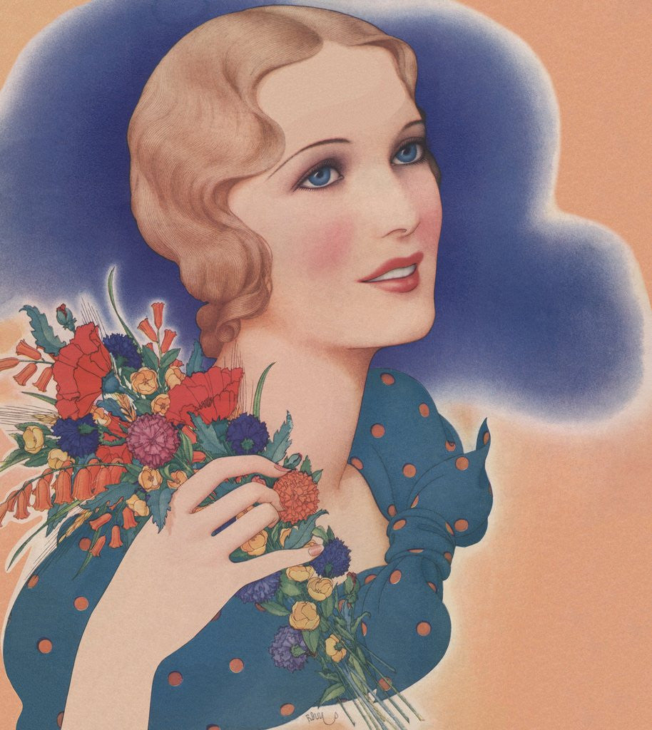 Detail of Blond woman holding bunch of flowers by Anonymous