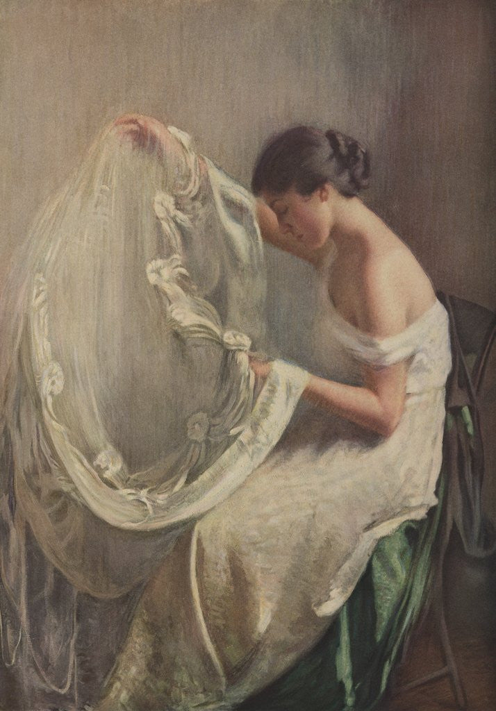 Detail of Woman sewing wedding veil by Anonymous