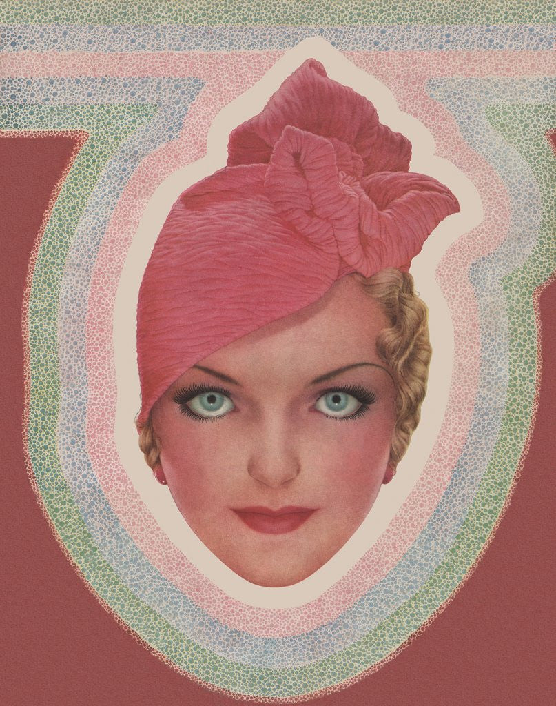 Detail of Blue-eyed woman with pink turban style hat by Corbis
