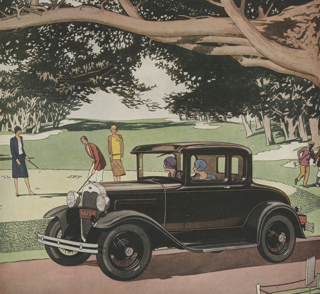 Detail of Women looking out car at friends playing golf by Anonymous